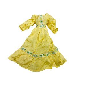 Vintage 70s Barbie Doll Dress Yellow w/ Embroidered Floral Trim & Puff Sleeves